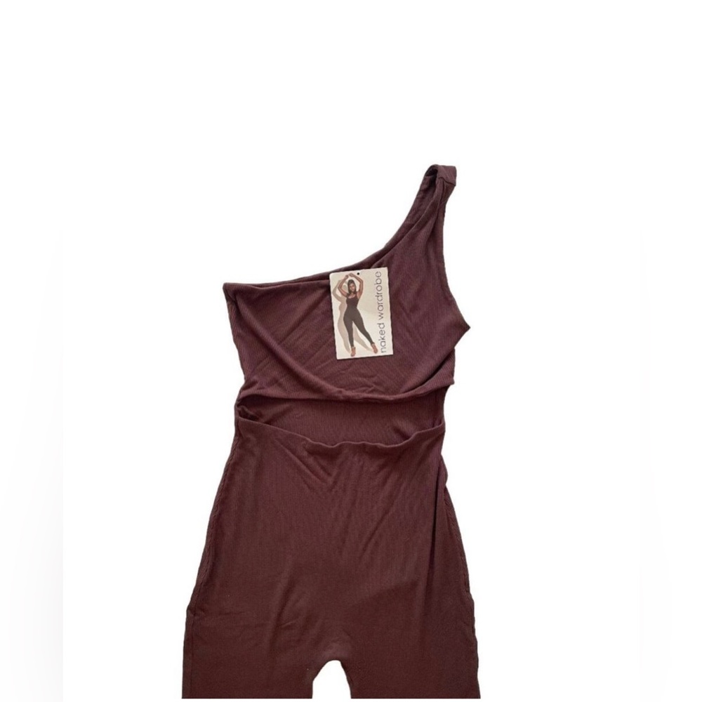 NWT Naked Wardrobe One Shoulder Ribbed Jumpsuit - Chocolate - Picture 2 of 3